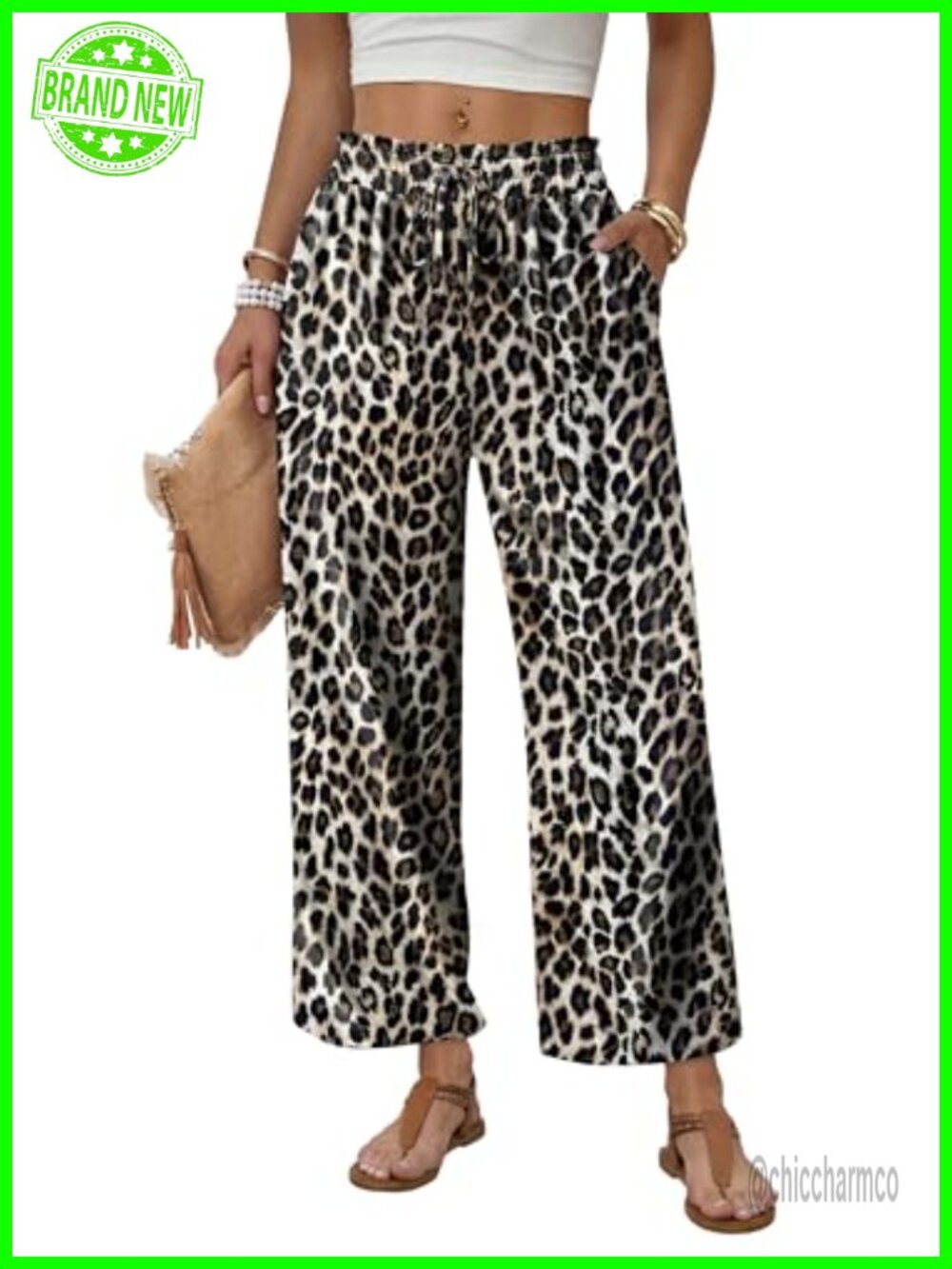 Wide Leg Palazzo Pants Drawstring Elastic Waist Trousers Pockets Casual Lounge